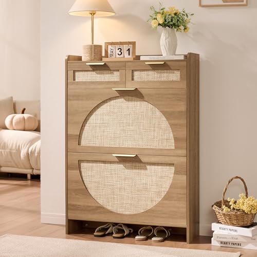 WINWY Rattan Shoe Storage Cabinet with 2 Flip Drawers & 2 Drawers, Freestanding Organizer for Front Door Entrance, Hidden Narrow Shoe Rack Cabinet Storage for Entryway, Rustic Oak Rattan