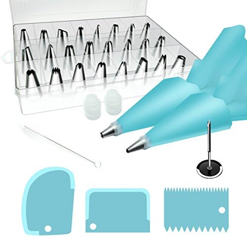 TooTwo 33 Pieces Cake Decorating Supplies Kit with 24 Stainless Steel Baking Supplies Icing Tips, 2 Silicone Pastry Bags, 1 Flower Nails, 3 Icing Smoothers,1 Cleaning Brush ,2 Reusable Plastic Couplers Baking Supplies Frosting Tools Set for Cupcakes Cookies