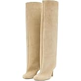 Trelako Women's Knee High Boots Black Leather Wide Calf Stiletto Long Booties Square Toe Pull On High Heel Riding Boots for Women Ladies Fahion Dress Tall Boots