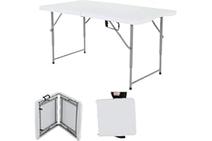 Dkelincs Folding Table 4 Foot Portable Picnic Table Plastic Folding Table Adjustable Height Heavy Duty Fold in Half with Handle and Steel Legs for Indoor Outdoor Camping, Picnic and Party, White