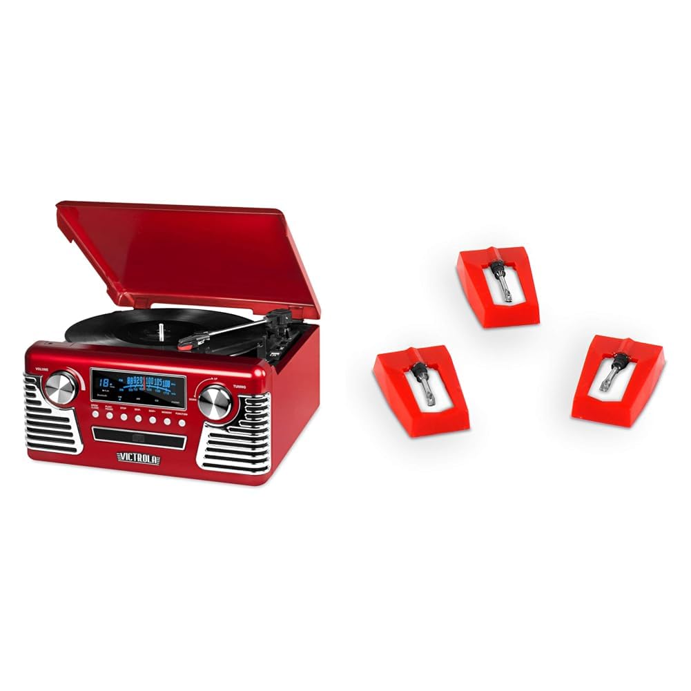Victrola 50's Retro Bluetooth Record Player & Multimedia Center with Built-in Speakers - 3-Speed Turntable & 3 Pack Turntable Replacement Needles for Various Victrola Record Players, White Image