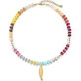 AIETUE Colorful Beaded Gemstone Choker Necklaces For Women, Boho 14K Gold Stainless Steel Fish Pendant Natural Stone Summer Charm Beach Jewelry Gift