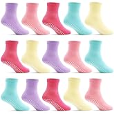 DECOVICI Toddler Grip Socks 15 Pairs, Girl Kids Non Slip Anti-Skid Crew Socks with Grippers Colorful 1-7 Years