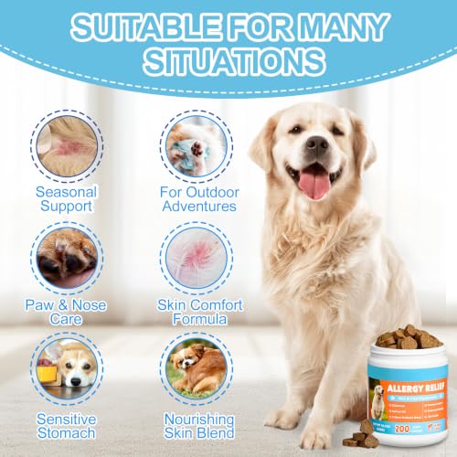 Allergy Relief Chews for Dogs Skin and Coat with Salmon Oil Omega 3 for Dog Shedding, Itchy Dry Skin, Seasonal Scratching & Paw Licking Comfort - Probiotics, Colostrum, for All Breeds & Size, 200 Ct