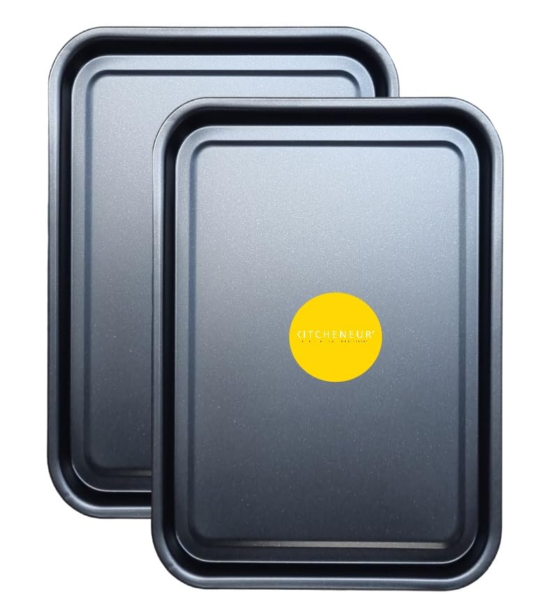 2-Pack Essential 35cm Baking Tray Set - Non-Stick Oven Trays Teflon™ Coated for Baking & Roasting Durable, Dishwasher Safe & Stackable Bakeware for Easy Cleaning & Space-Saving Storage by KITCHENEUR®