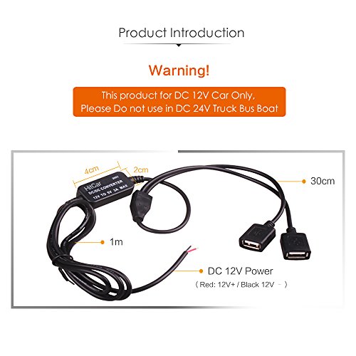HitCar Car Hard Wire Power Cord Extension Cable Charger Kit Dual USB Female Plug DC 12V to 5V 3A 15W Power Inverter Regulator Converter for GPS Tablet Phone PDA DVR Camcorder VCR Recorder Camera