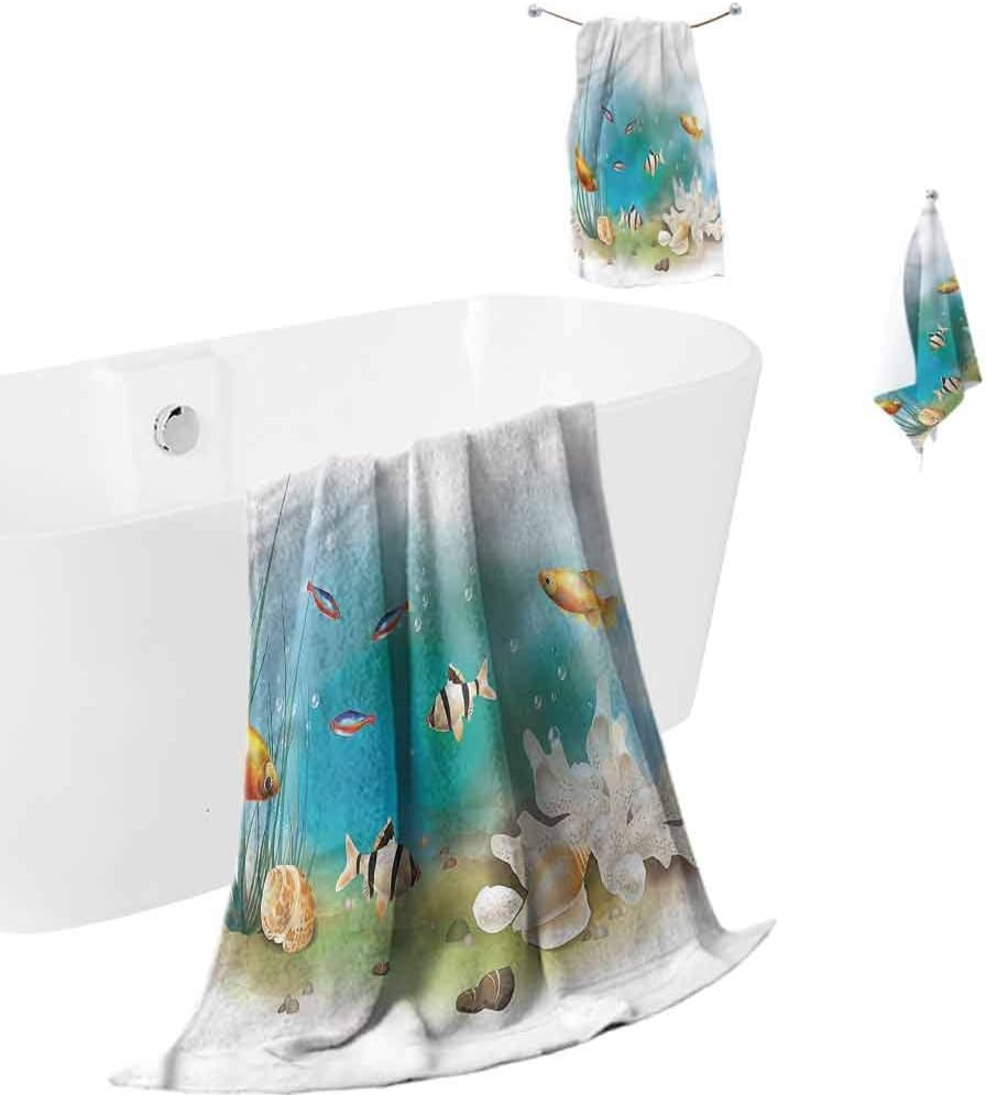 Mademai Aquarium Cotton Towel Cover 3 Pieces Fishes Sea Plants Shells,Soft and Thick Towel-Machine Washable