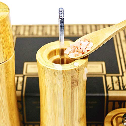 Bamboo Wooden Salt and Pepper Mill Set with Stand, Ceramic Grinder Blades with Adjustable