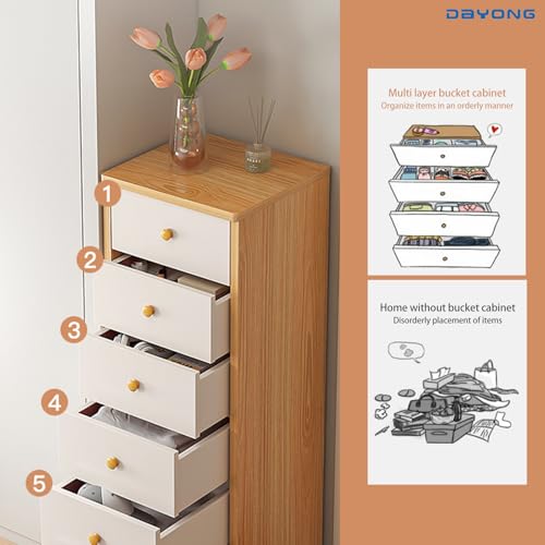 DAYONG 5 Chest of Drawers, Bedroom Dresser, Living Room Storage, Modern Bedside Table, Wooden Vertical Drawers for Hallway Sofas, Oak and White (styleA-40 * 32 * 79CM)