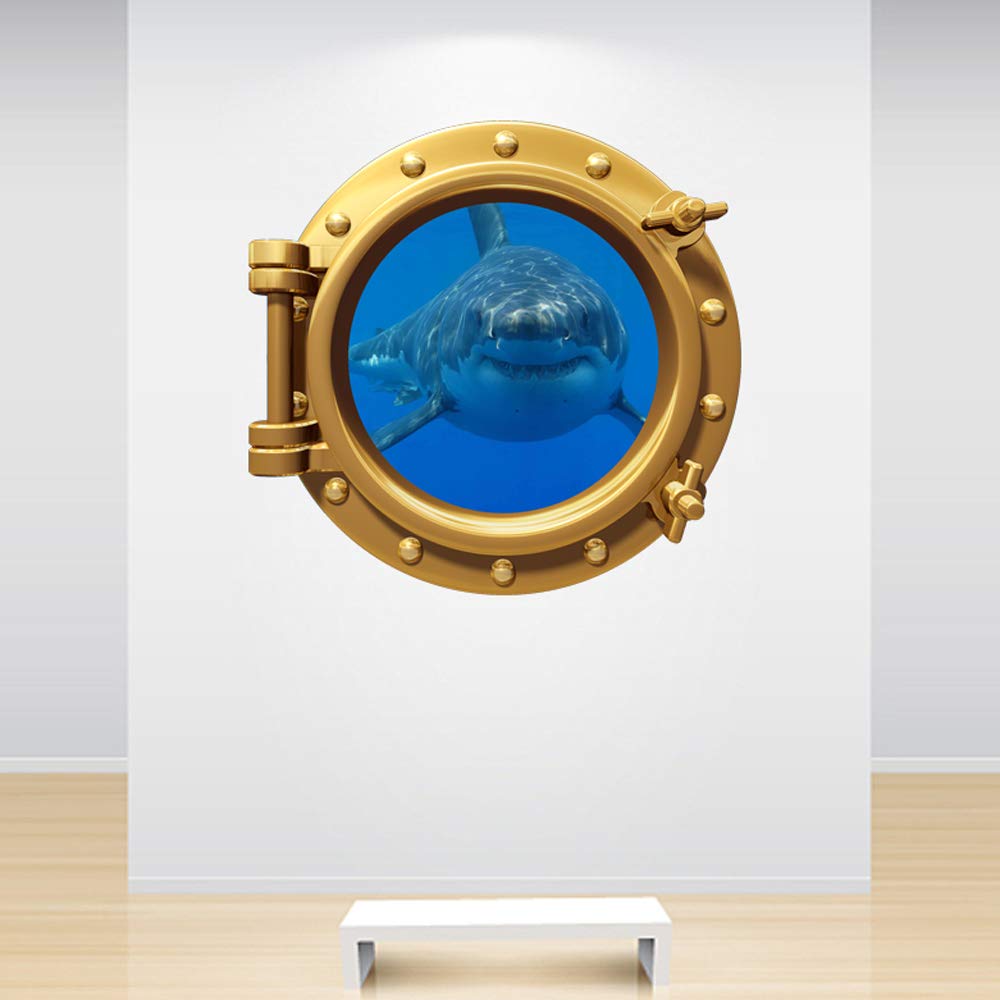 60 Second Makeover Limited Full Colour Brass Shark Porthole Gold Under The Ocean Sea Wall Sticker Decal Kids Bedroom Bathroom Decoration