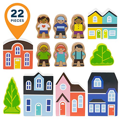image for Blocktown Little Wooden People Play Set, 22 Pieces Including Character
