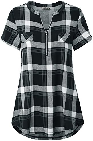 Women's Zip Up V Neck Short Sleeve Casual Tunic Shirt