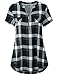 Finice Vintage Blouses, Women's Shirts Notched Collar Zip V Neck Short Sleeve Tunic Tops Versatile Retro Style Pleated Front Curved Hem Hipster Baggy Plaid Tshirt Black XXL