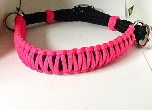 side pull hacakamore with a whoa bitless bridle attachment hot pink and black