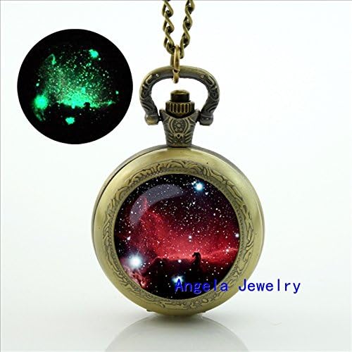 Pretty Lee Fashion Horsehead Nebula Glowing Pocket Watch Necklace Red Nebula Pendant Glowing Pocket Watch