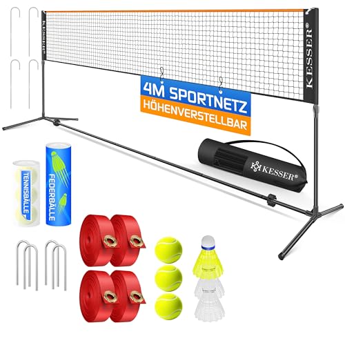 KESSER® Badmintonnetz Tennisnetz | Federballnetz 3-Fach-Höhenverstellbar 107/120/155cm, stabiles Gestell, Set mit Netz, 3X Federball & 3X Tennisball,