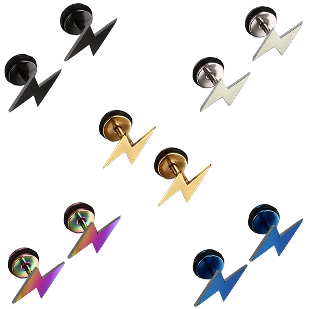 5 Pairs Stainless Steel Stud Earrings Set for Men Women Girl Boy, Men Earrings Gold, Lightning Silver Earrings for women, Titanium Black Earrings Studs Small Piercing Plugs Tunnel Hypoallergenic 8MM