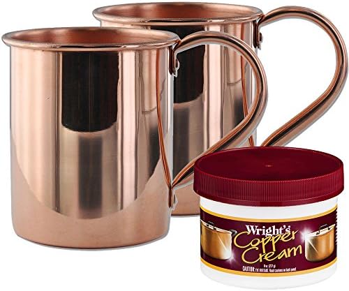 16 oz Solid Copper Mule Mug and Wright's Copper Cream Gift Set - 100% Pure Copper Authentic Moscow Mule Mugs with Tarnish Remover (Bundle 2 Pk 16 oz Classic w/ Wright's Copper Cream)