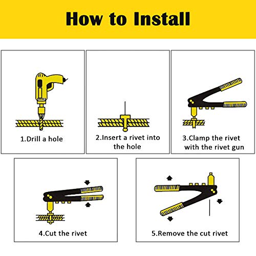 Toolwiz Heavy Duty Rivet Gun Steel Hand Riveter Kit for Sheet Metal Wooden Plastic Automotive and Duct Work w/4 Different Nozzles-2.4mm 3.2mm 4.0mm 4.8mm (3/32" 1/8", 5/32" & 3/16")
