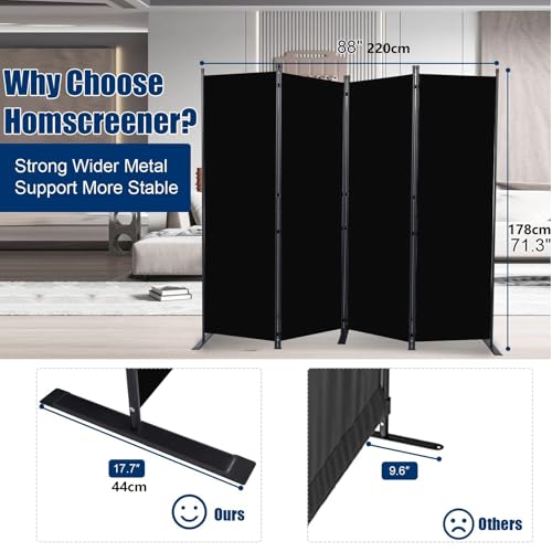 4Panel Room Dividers Screens, Portable Folding Wall Privacy Separation, Freestanding Partition Separator Screen for Home Dorm Studio Office Bedroom, 220 * 44 * 178Cm Black