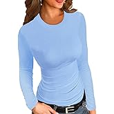 Sinono Fall Women's Scoop Neck Long Sleeve Shirts Ribbed Slim Fitted Casual Basic Top Blouses