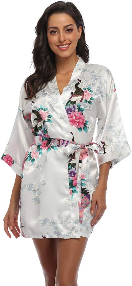 Women's Short Kimono Robe Floral Bathrobe Bridesmaids Robes Satin Dressing Gown