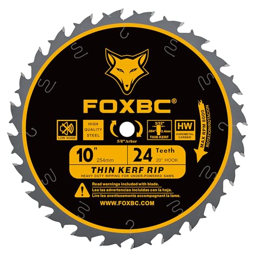 FOXBC 10-Inch Thin Kerf Ripping Table Saw Blade for Wood Cutting, 24-Tooth FTG, 5/8-Inch Arbor