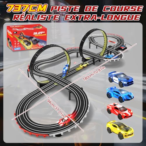 JONRRYIN Circuit Voiture Enfant, 1:64 Circuit Voiture Electrique, Extra-Long Piste De Course - 4 LED Voitures, USB, Télécommande, Comptoir, 360° Boucle, Jouets Cadeaux pour Enfant 6-12 Ans (737CM)