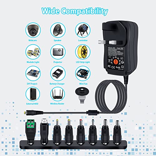 30W Universal Power Adapter, 3V 4.5V 5V 6V 7.5V 9V 12V 2A AC/DC Switching Power Supply Charger with 8 Adaptor Tips for 3V-12V Household Electronics, Led Strip, Speakers, TV Box and More Devices