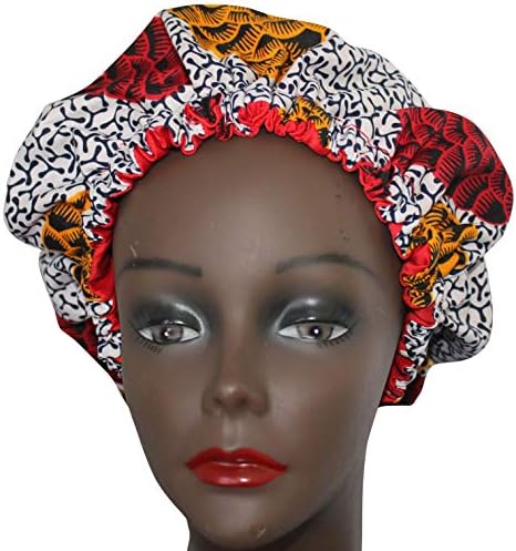 Reversible Satin Lined Ankara Bonnet - Large Double Layer African Print Bonnet Night Cap (White and Red)