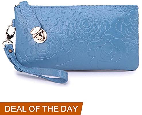 Amazon Prime Deals 2017-Women's Genuine Leather Rose Cell Phone Wristlets Wallet,Welegant Zipper Clutch Purse Bag for iPhone Samsung (Rose Flower, Sky Blue)
