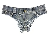 Women's Low Rise Ripped Destroyed Denim Shorts Denim Thong Clubwear L Blue