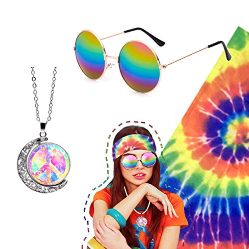 3 Pieces Hippie Accessories, Hippie Glasses Rainbow Peace Sign Necklace Hippie Headband for Women Men, Hippie Costume Set 70s 60s
