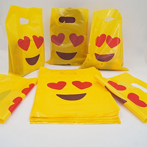Cevinee 50PC Glossy Merchandise Bags, Handy Retail Shopping Bags, Cute Party Favor Bags - Emoji in Love - No Gusset - Die Cut Handle - 9" x 12" - 2.0 Mil, Yellow