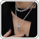 Iaceble Punk Layered Star Choker Necklace Crystal Star Pendant Necklace Chunky Paperclip Chain Necklace Silver Cross Necklace Jewelry for Women