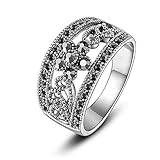 Mytys Antiqued Hollowed Flower Black Marcasite Crystal Band Rings