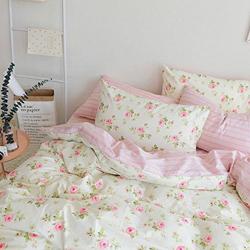 AMWAN Floral Pink Flower Duvet Cover Set Twin Fresh Soft Cotton Bedding