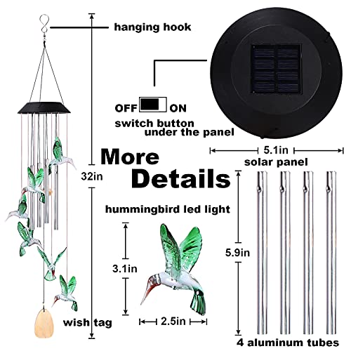 Hummingbird Solar Wind Chimes for Outside, LiveGo 32 Inch Large Waterproof Hanging Memorial Windchimes with LED Color Changing Light for Mother Grandma Home Garden Decor, Silver