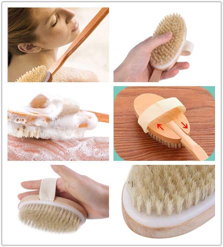 Body Brush - Brush Bath for Wet or Dry Brushing 100% Natural Bristle Detachable Handle Promote Lymphatic Draining Stimulate Blood Flow Skincare Cellulite Treatment & Exfoliator Brush