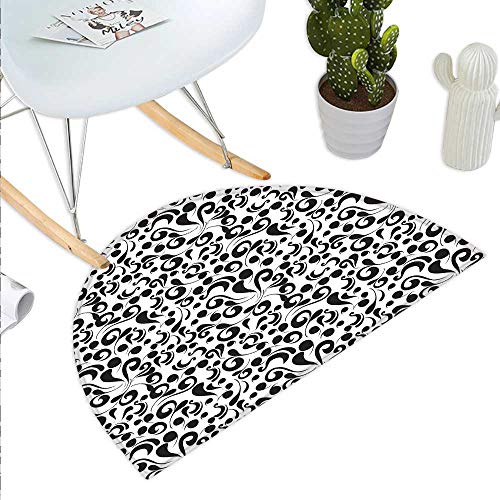Anniutwo Black and White Half Round Door mat Outdoor Curly Lines and Swirls Nature Abstraction Floral Style Leaf Shapes Art Half Round Indoor Door mat Black White