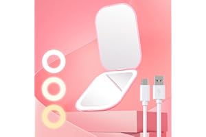 Gospire Ultra-Slim Lighted Travel Makeup Mirror with Lights and Magnification, Rechargeable 3X Magnifying Mirror with 3 Light Colors & Adjustable Brightness, LED Compact Mirror for Purses - Pink