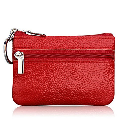 Dabixx Soft Men Women Card Coin Key Holder Zip Genuine Leather Wallet Pouch Bag Purse Red