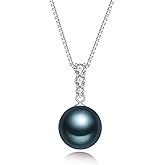 YAMI Black Tahitian Pearl Pendant Necklace, 11-13mm Saltwater Cultured Round Pearls, 925 Sterling Silver with 18+2IN Adjustable Chain – Elegant Luxury Jewelry Gift for Women