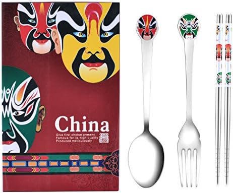 Stainless Steel Spoon, Fork and Chopsticks Set - Peking Opera Facial Makeup Tableware Three-Piece Suit, Traditional Chinese Style, Gift-packaged as Perfect Gift for Share