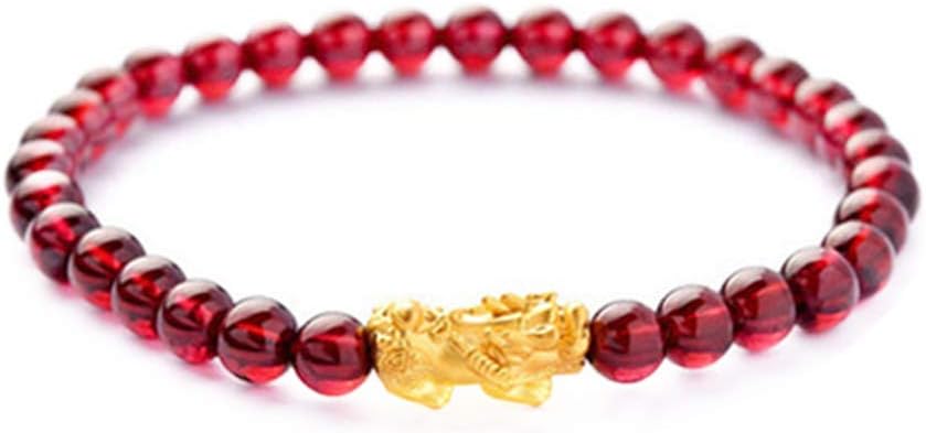 MANRUO Feng Shui The Best Prosperity Red Bead Garnet Bracelet with Golden Pi Xiu/Pi Yao Lucky Wealthy Amulet Brecelet Jewelry
