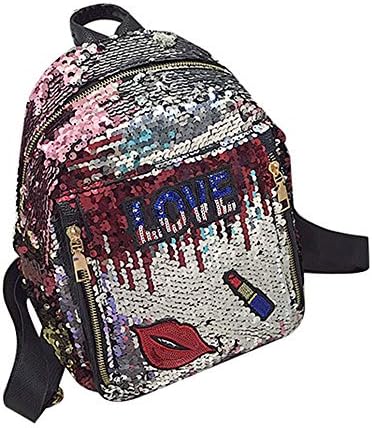 Blansdi Glitter Sequin Backpack for Girls Reversible Magic School Bag Bookbag Shiny Leather Travel Daypack Red