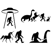 Sasquatch and Friends Decal 4 Pack: Bigfoot, UFO, Loch Ness, Jackalope, Unicorn (Black, Small ~3.5")