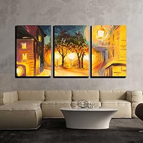 3 Piece Canvas Wall Art - Oil Painting - Evening Street in Paris, View, European - Modern Home Art Stretched and Framed Ready to Hang - 16"x24"x3 Panels