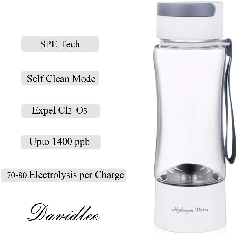Davidlee Portable Hydrogen-Rich Generator Water Bottle SPE Technology Ionizer Mode 3 mins Self- cleaning Function High Concentration Discharge Ozone and Chlorine - 380ml F6