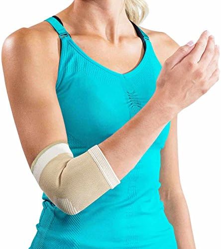 DonJoyDA161ES01-TAN-M Elastic Elbow Sleeve for Strain, Sprain, Swelling, Panel for Free Movement, Tan, Medium fits 9", 10.5"